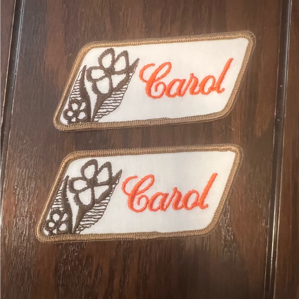 Vintage 1970’s Swiss Maid Quality Emblems Cursive Carol Patch Set of 2